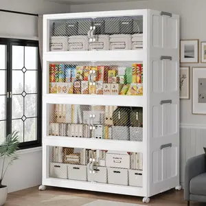 640QT Extra Large Stackable Storage Bins with Lid, 160Gal Plastic Closet Organizers and Storage Drawer, Collapsible Cabinet Box with Wheels Clear Doors for Home Kitchen Office, 4Pack White