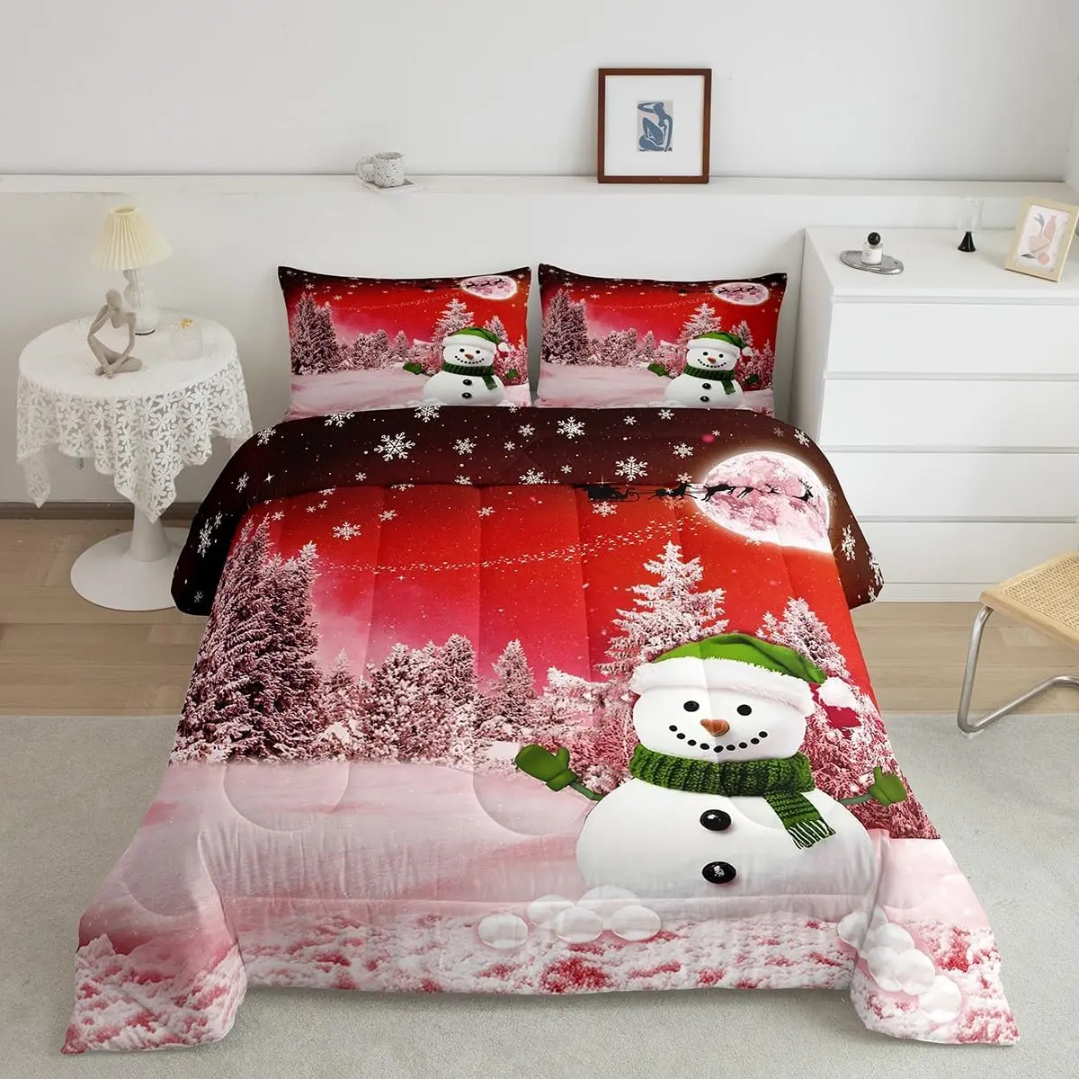 Feelyou Queen Christmas Snowman Polyester Duvet Set - Red, Soft, Warm, Lightweight, Modern Digital Printing Holiday Theme Decorative Bedding Set, All Seasons, Multi-Size, Machine Washable for Home Bedroom Use