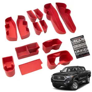Forten 13 Pcs Custom Fit Silicone Organizer Tray Kit for 3rd Gen Tacoma 2016-2023 Crew Cab Cup Holder Inserts Door Pocket Liners Wireless Charging Pad Anti-Slip Protector Mats Red