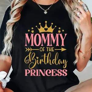 100% Cotton Mommy of the Birthday Princess" Celebration Tee - Comfy, , , Black with Pink & Golden Lettering, Crown and Stars Design for Girls' 1st Birthday, Princess Birthday Party Decorations