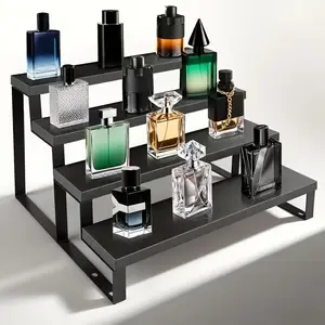 4-story black iron & wooden display stand, Display Riser -solid metal frame with wooden shelves and space-saving countertops, used for perfume, cosmetics and jewelry-modern and simple design
