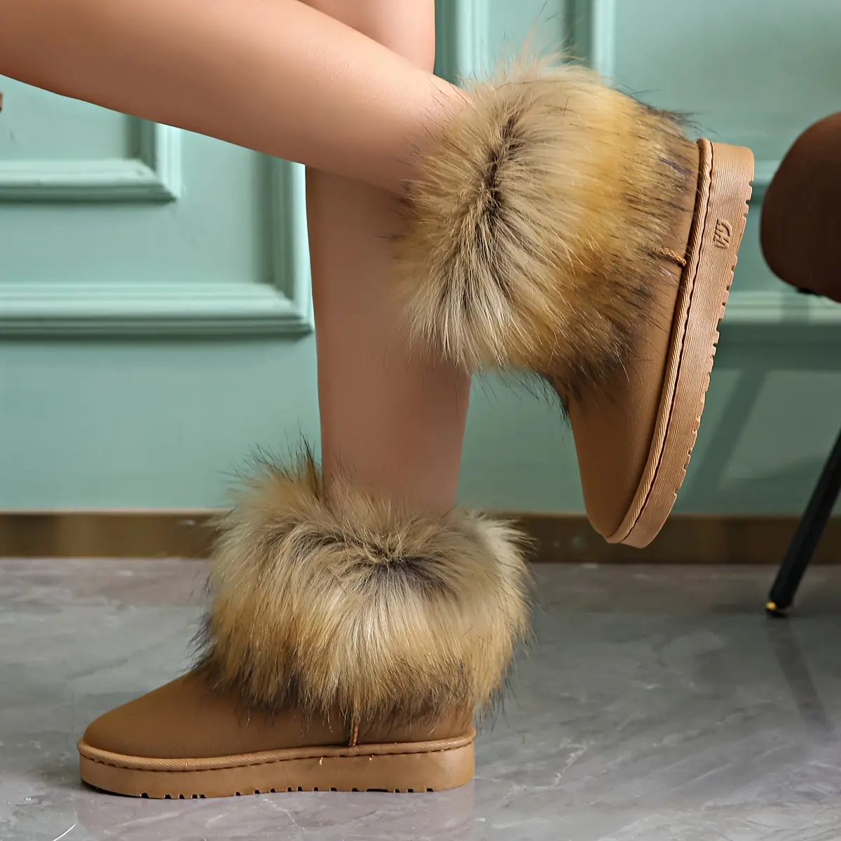 Women's Waterproof Synthetic Leather Snow Ankle Booties - Fluffy Fur Trim, Round Toe, PVC Sole, Cozy Fabric Lining, Stylish Winter Footwear (Light Brown, Black)
