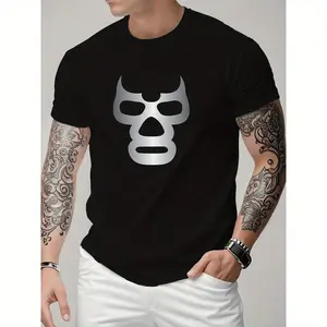 Crochet Menswear Men's Fully Printed Short-Sleeved T-Shirt - Summer Casual Crew Neck Polyester Shirt, Light & Breathable, Fashionable Full Coverage Design, Suitable for Outdoor Wear, Black, 100% Pure Cotton, Regular Length, Loose Fit Top Tshirt