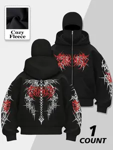 Unisex Dark Thorn & Gothic Script Zip-Up Hoodie – Black & Red/White Print, Extreme Metal Streetwear Design, Cozy Fleece Fabric, Relaxed Oversized Fit, Perfect for Alternative Style Fans, Durable High-Quality Print, Ideal for Daily Wear/Outings
