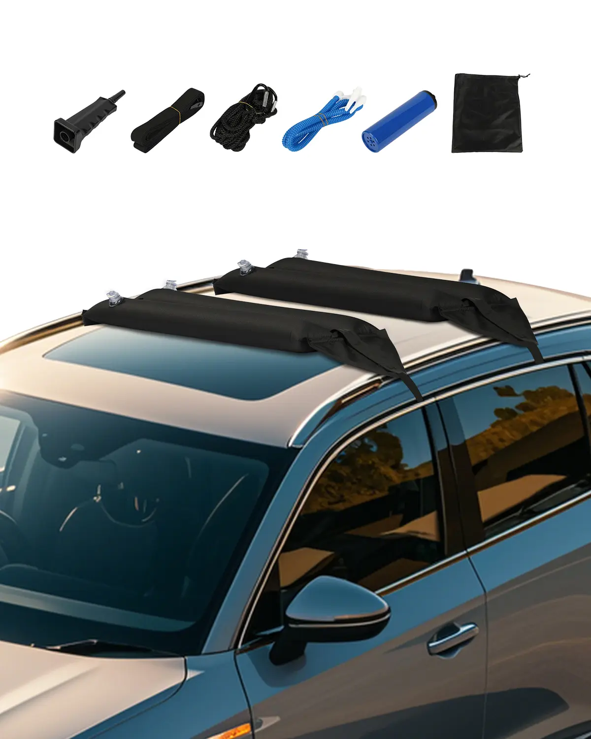 VEVOR Universal Vehicle Inflatable Soft Roof Rack Bars, 37.6-in TPU Fabric Car Roof Pads, 88LBS Load Capacity Carrier for Kayaks, Surfboards, SUPs, W/2 Tie-Down Straps, Ropes, Manual Pump, Storage Bag, Waterproof Car Accessory