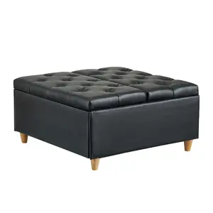 35 Inch Square Storage Ottoman | Lift-Top Ottoman Bench | PU Black / Sherpa Beige | Tufted Coffee Table & Footrest | 34.6 x 34.6 x 18 in