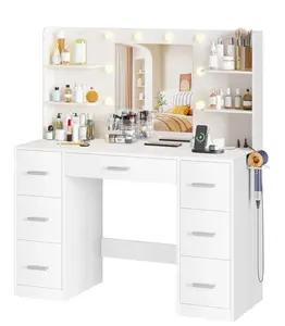 Makeup Vanity Desk with Mirror, Lights & Power Outlet Vanity Table with 7 Drawers and 6 Storage Shelves for Bedroom, White