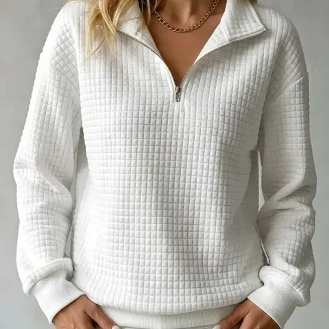 100% polyester women’s waffle-knit zip-up sweatshirt available in multiple colors, fashionable and casual for autumn/winter, featuring a textured waffle design and a half-zip front, relaxed fit, versatile casual hoodie
