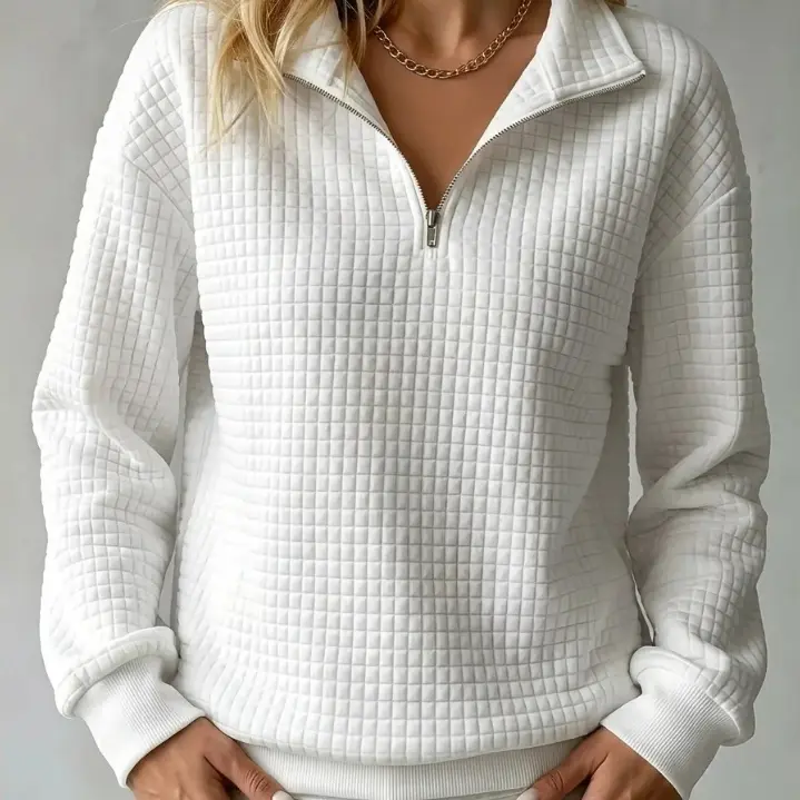 100% polyester women’s waffle-knit zip-up sweatshirt available in multiple colors, fashionable and casual for autumn/winter, featuring a textured waffle design and a half-zip front, relaxed fit, versatile casual hoodie
