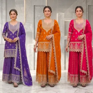 Heavy embroidered short top sharara suit set
