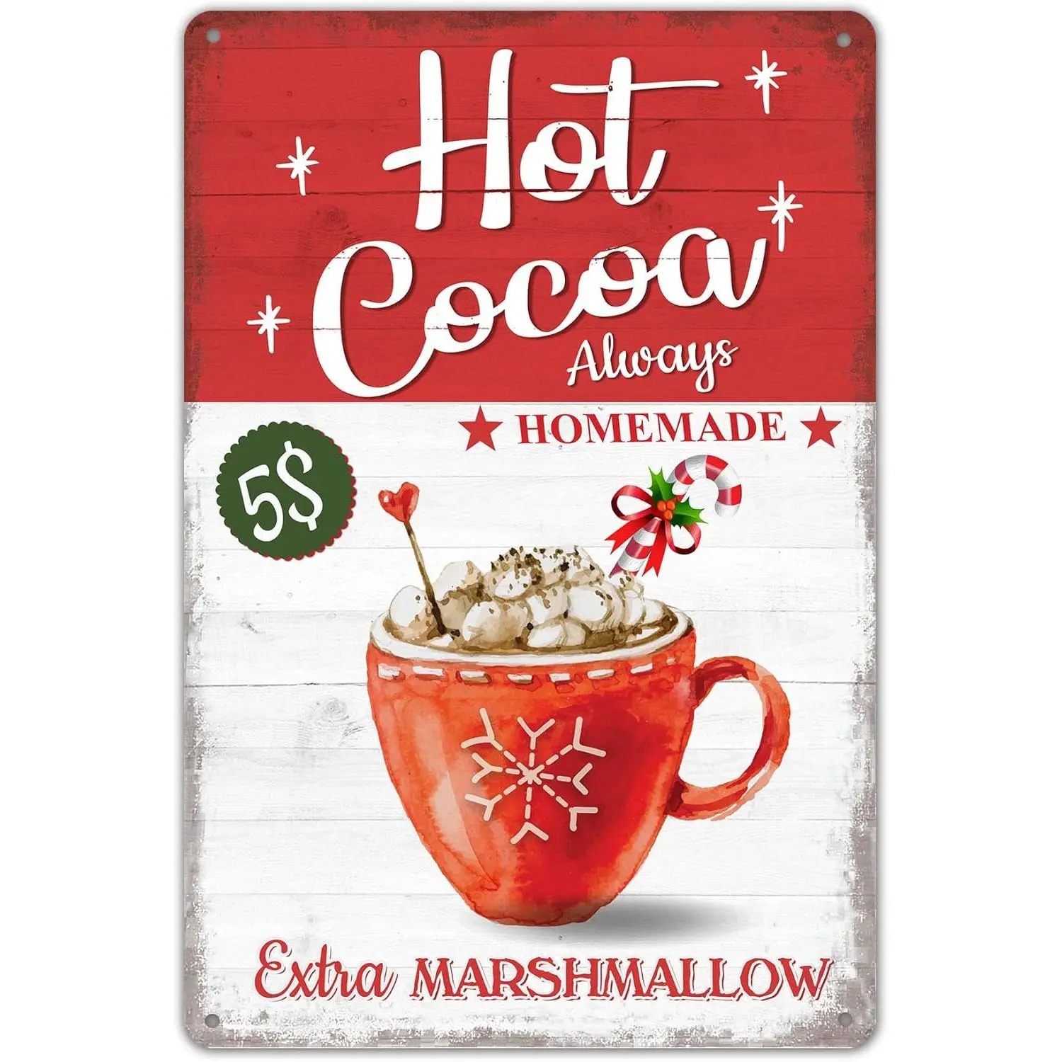 Vintage Tin Hot Cocoa Sign - 12x8 in Print Signage, Hangable Home Decor Plaque with Nail & Magnet for Kitchen Coffee Station, Room Wall Art Gift