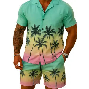 Men's 2 Piece Matching Summer Hawaiian Beach Outfit Set Tropical Short Sleeve Floral Button Up Shirt & Shorts Loungewear Set