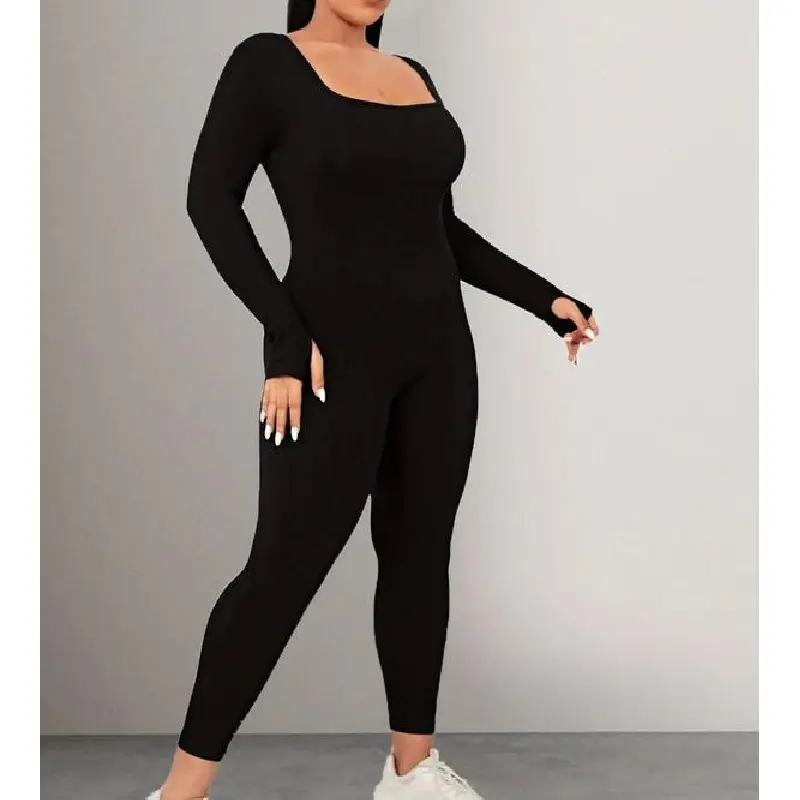 Plus Size Basic Solid Long Sleeve Square Neck Sports Jumpsuit, Sporty High Stretch Seamless Jumpsuit For Yoga Gym Workout, Women's Sport Outdoor Clothing