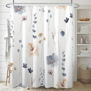 Watercolor Floral Shower Curtain, Blue Flower Design, Modern Minimalist Waterproof Fabric, Farmhouse Style Bathroom Decor, Nature