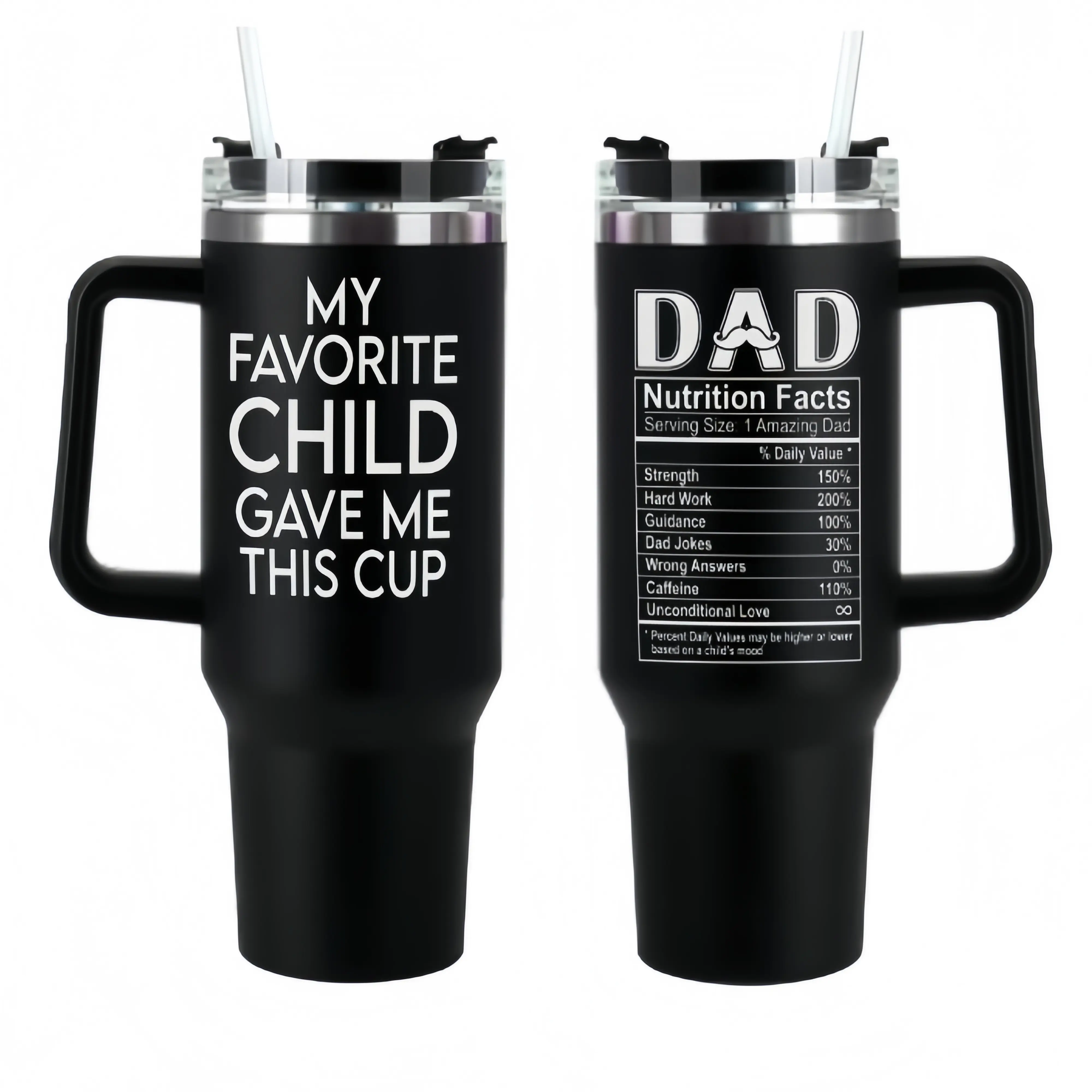 Funny Dad 40oz Tumbler with Handle – “My Favorite Child Gave Me This Cup” Nutrition Facts Coffee Mug, Father’s Day Gift for Dad, Stainless Steel Insulated Travel Cup for Men