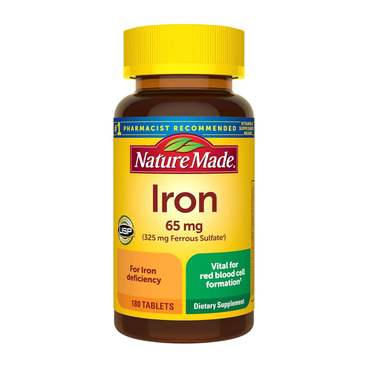 Nature Made Iron 65 mg (325 mg Ferrous Sulfate) Tablets, Iron Supplements, Dietary Supplement for Red Blood Cell Support, 180 Tablets, 180 Day Supply