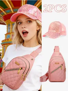 2PCS set of ladies' Bling Bling pink baseball cap + crossbody bag set. Fashionable and versatile crossbody bag, suitable for outdoor camping and mountain climbing in spring and summer, and also suitable for daily vacation wear.