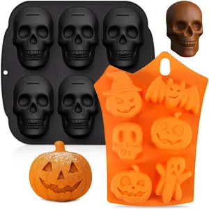Halloween Skull Cake Pan & Pumpkin  Molds Set - 6 Cavity  Skull Baking Pan + 6 Halloween Shape  Molds (Pumpkin, , Bat) for Cakes, , Candy, DIY Party Baking
