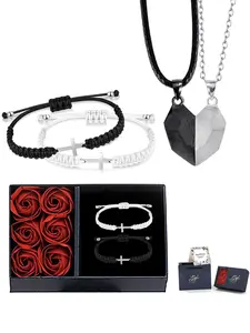 Couples' Magnetic Heart Necklace & Bracelet Set — Split-Heart design in black and white, symbolic love token for couples. Ideal gift for Valentine’s Day, anniversaries, birthdays, for boyfriend, girlfriend, husband, wife, soulmate. Elegant Jewelry Set