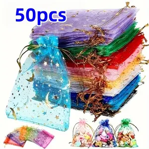 50pcs Moon & Star Drawstring Organza Bags, Wedding Favor Gift Pouches, Holiday Candy Bags for, Christmas Supplies, Party Favors Assortment