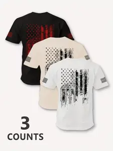 Men's 3-Pack Distressed American Flag Patriotic T-Shirt Set - Vintage Grunge US Flag Graphic Print on Back & Sleeve, Curved Hem Relaxed Fit, Perfect for Patriotic Events, Casual Daily Wear & American Pride Self-Expression, US Flag Statement Tees Bundle