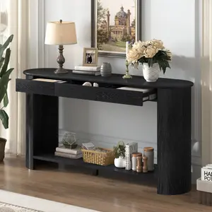 59.8" Modern Farmhouse Console Table with 3 Drawers & Shelf – Oak Veneer Sofa Table, Semi-Circular Entryway Table for Living Room, Hallway, Foyer or Corridor,Black