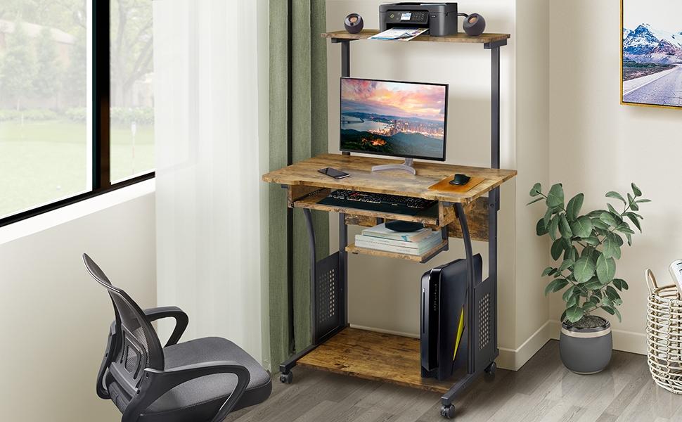 Yaheetech 3 Tiers Computer Desk for Home Office School Dormitory Study Table w/Printer Shelf CPU Mainframe Stand Keyboard Tray Storage Rack