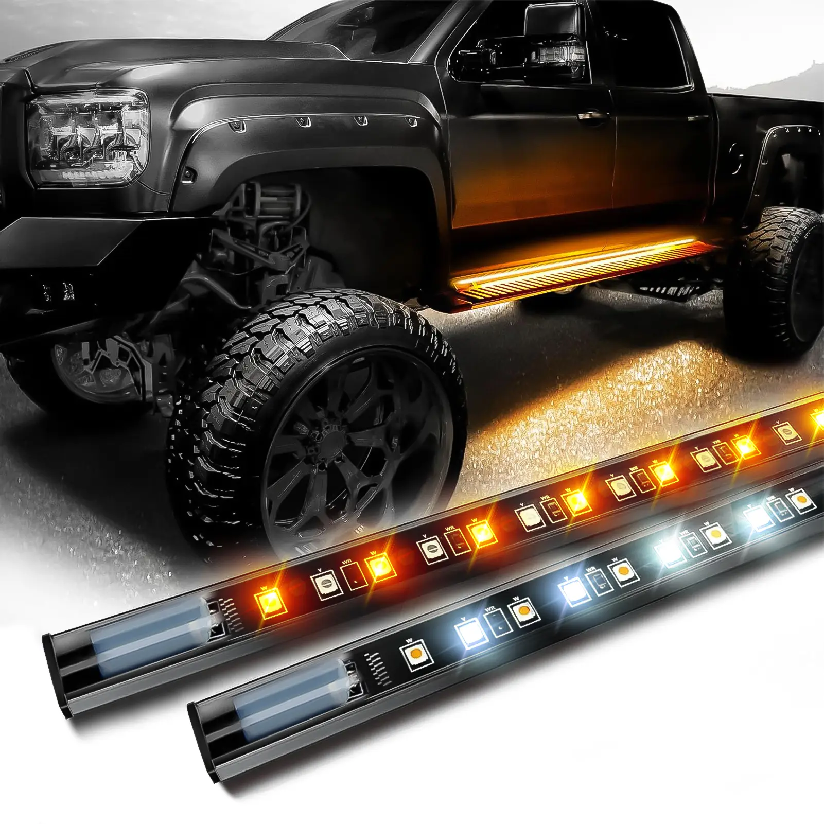 DIBMS 71" Running Board Lights 2PCS LED Strips w/Sequential Amber Turn Signal, DRL, White Courtesy Light for Extended Crew Cab Trucks Pickup Trailer,
