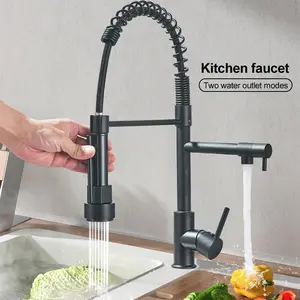 Black Kitchen Faucet with Pull Down Spray Stainless Steel Single Handle Dual Spout Commercial Kitchen Sink Faucet High Arc Spring Faucet 1Hole Deck Mount,