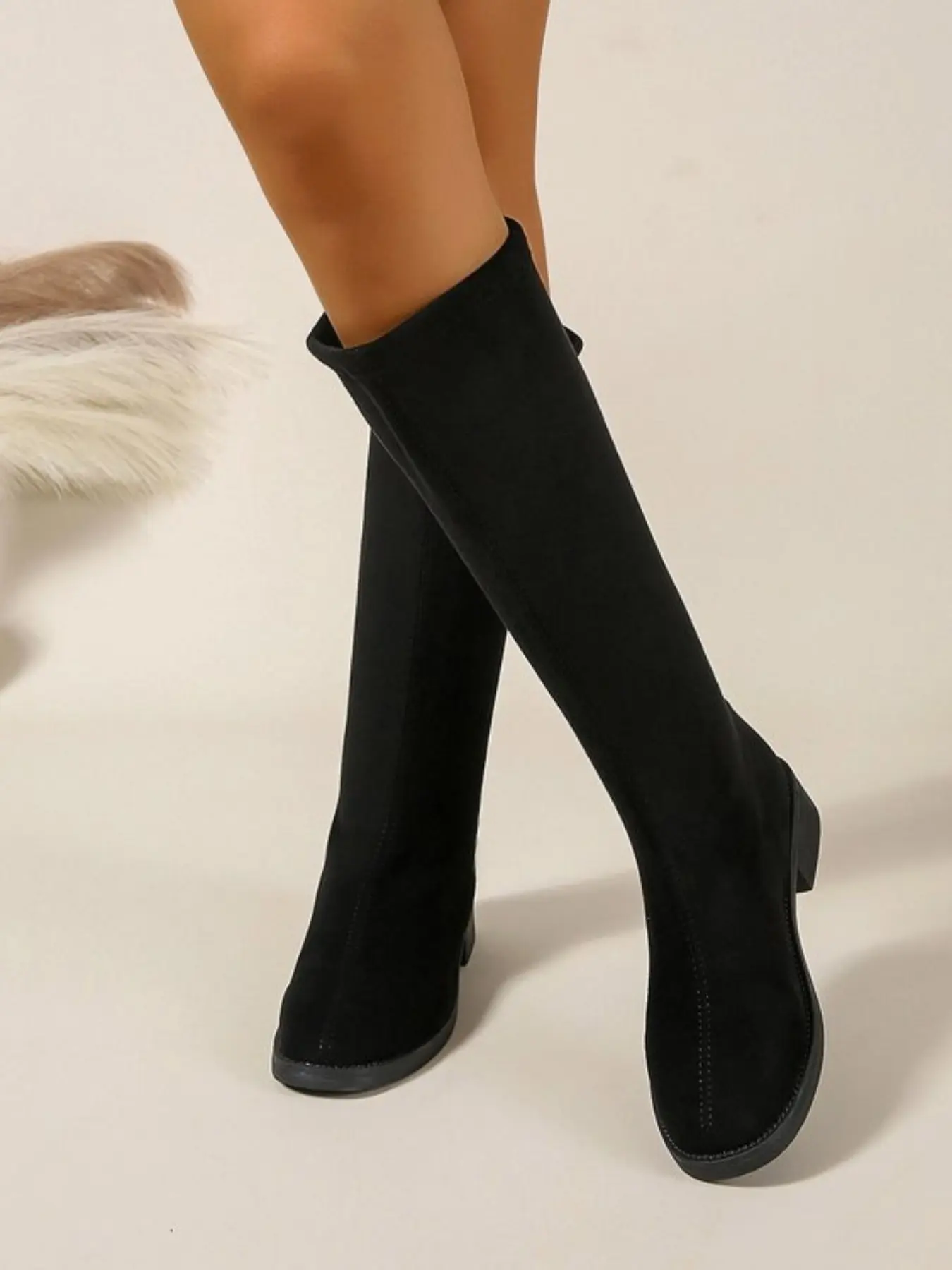 Women's Fall Winter Low-Heeled Long Boots, Knee-High Knight Boots, Vintage Velvet Matte Finish, Chunky Heel, Retro Style, Thick Heeled Boots