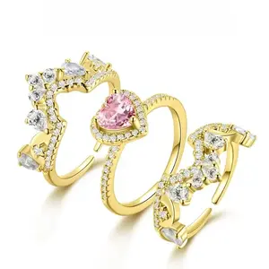 Luxury Pink Heart Crown Stacking Ring Set with Cubic Zirconia Stones Adjustable Open Band for Stylish Ladies US Sizes 5-10
