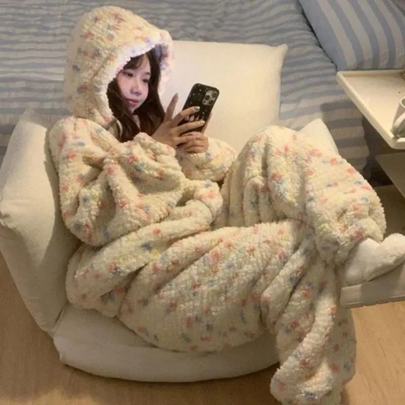 Hooded Robe for Women Sleepwear Winter Nightdress Night Wears Warm Fleece Pajama One Piece Nightgown Dot Cute Sleeping Homewear