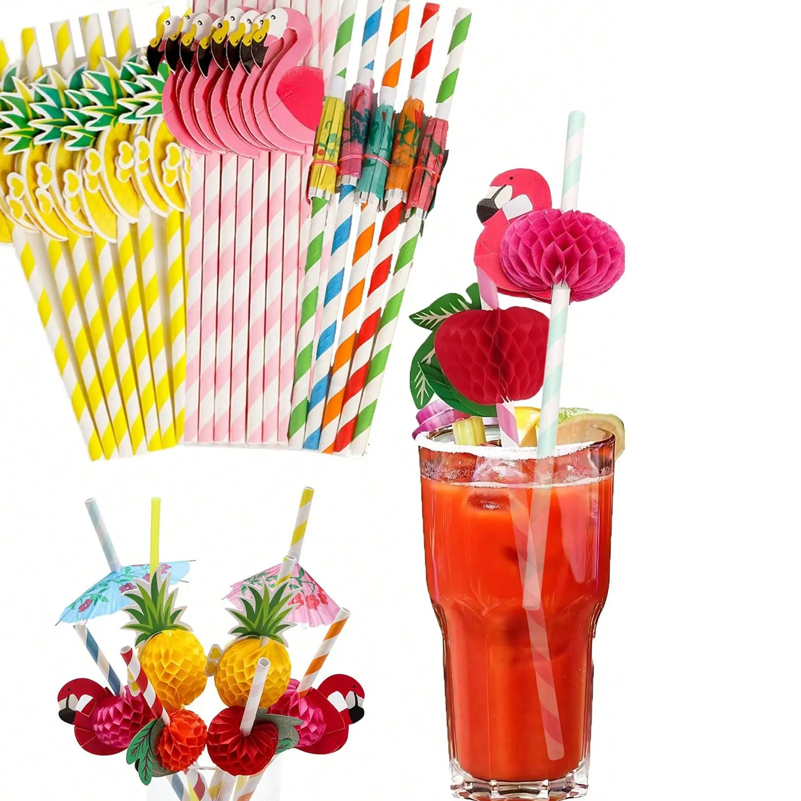 20pcs Flamingo Fruit Paper Straws, Coffee & Cocktail Drink Stirrers, Disposable Straws, Drinking Straws, Tropical Hawaiian Beach Fun Lively Tropical Touch Summer Poolside Pool Party Atmosphere Decorations Visual Appeal Summer Parties
