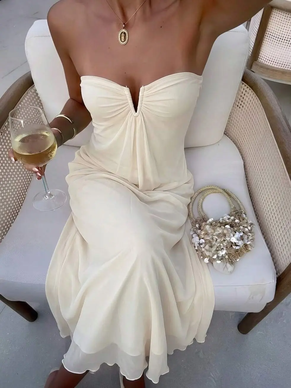 New Elegant V-Neck Strapless Plunging Neckline Maxi Flowy Dress, Pale Yellow, Flattering A-Line Silhouette Holiday Holiday Party Summer,Wedding Guests,Dresses For Women Summer