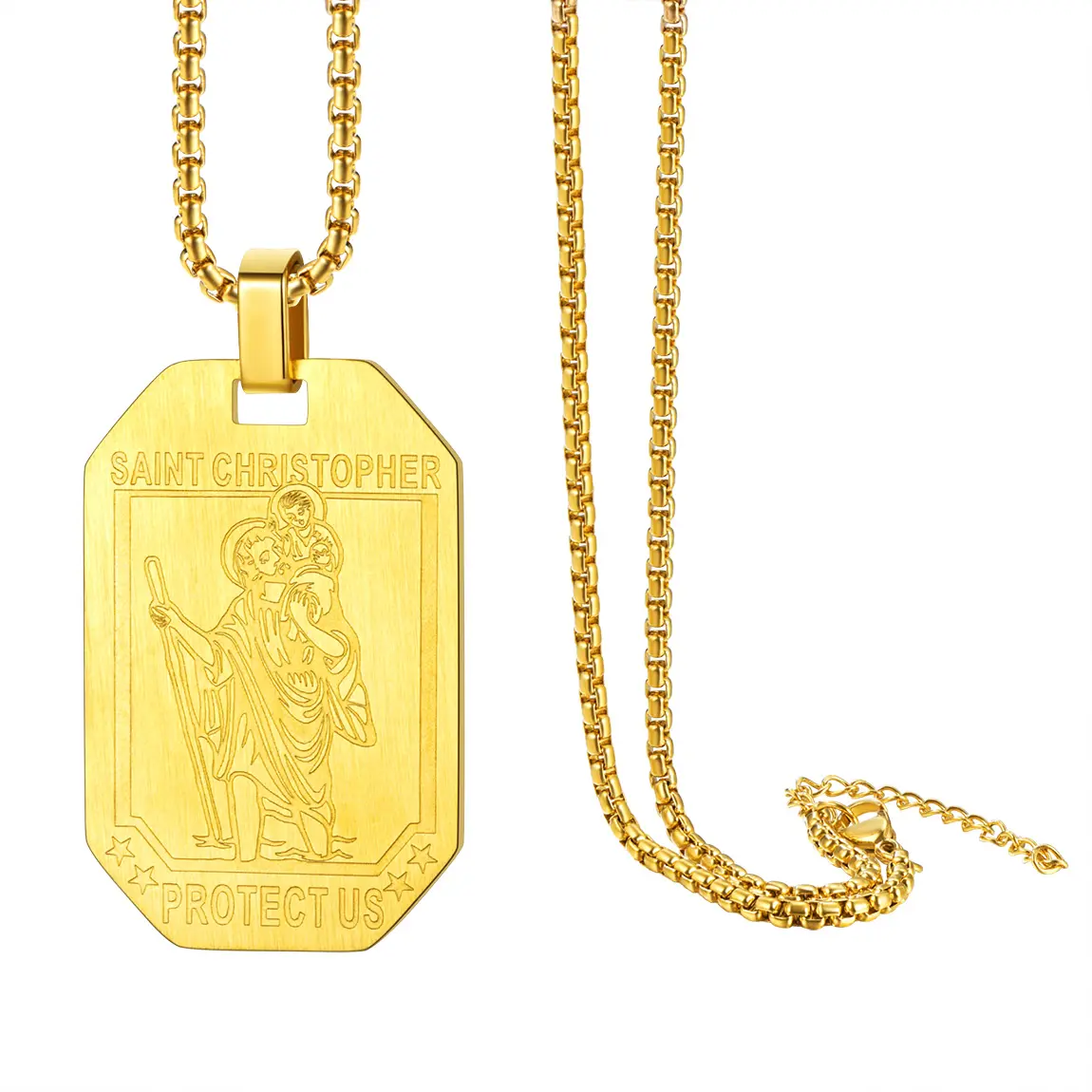 U7 St. Christopher Dog Tag Necklace With Box Chain Catholic Saint Christopher Necklace For Men Boy Stainless Steel