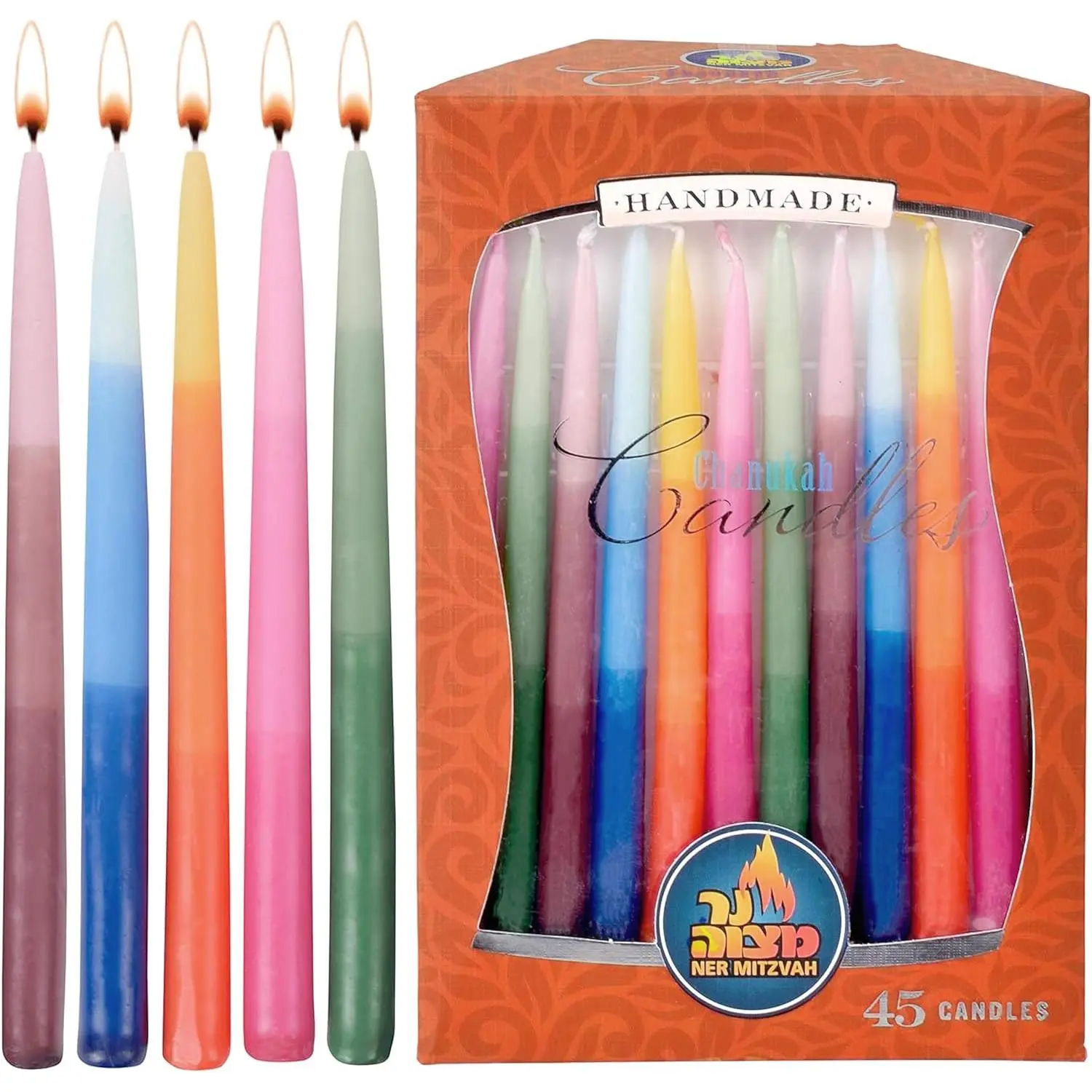 Dripless Tri-Colored Standard-Size Hanukkah Candles - Premium Wax, Fits Most Menorahs, 45-Count for 8 Nights of Hanukkah Decor