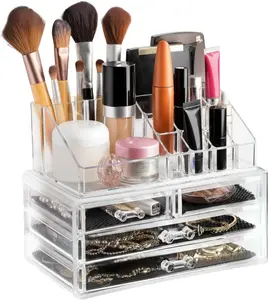 Clear Makeup Organizer - 16-Compartment Cosmetic and Jewelry Holder with 4 Drawers - Vanity Storage Box for Makeup, Skincare, Accessories, and Jewelry Display