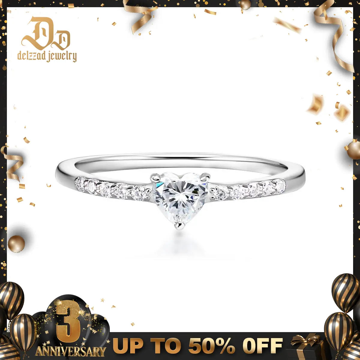 Delzzad 14k Gold-Plated Chic Iced Out Heart Ring Lab-Created Moissanite Ring S925 Sterling Silver/Copper Moissanite Jewelry Perfect Christmas Gift