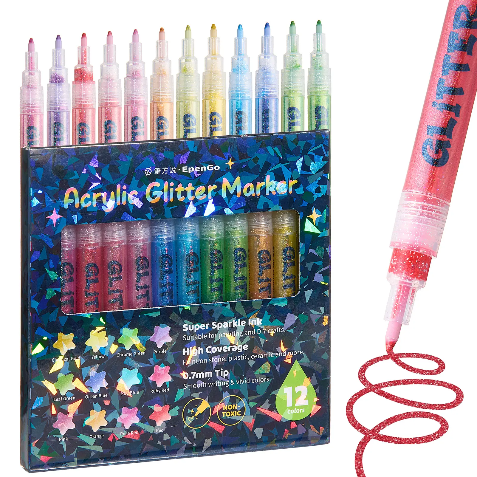 EpenGo 12 Colors Sparkly Glitter Acrylic Markers, Works on Any Surface! 0.7mm Fine Tip, Quick Dry, Non-Toxic, High-Coverage & Vibrant Colors for Rock Painting, Wood, Glass, Fabric, DIY Crafts & More