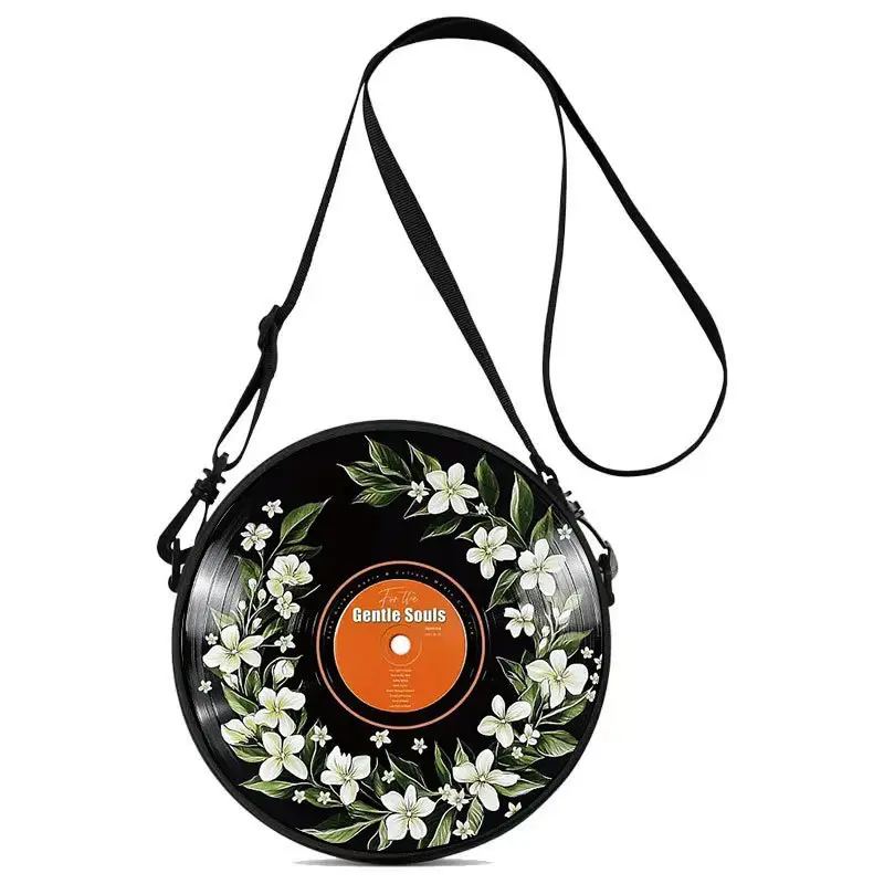 Women's Vinyl Record Crossbody Messenger Bag - White Jasmine Exquisite Floral Art Wreath, Authentic Record Design Grooves, Adjustable Luxury House Chain, Top-Zip Solid Black Nylon Bag for Retro Music Lovers, Music Festivals (With Personal Touch), Music Fe