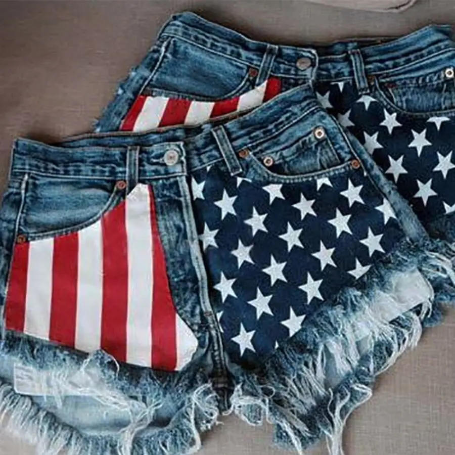 Women’s Distressed Denim Shorts, Y2K Low Rise Jean Shorts with Flag Patch Detail, Vintage Frayed Hem Summer Shorts