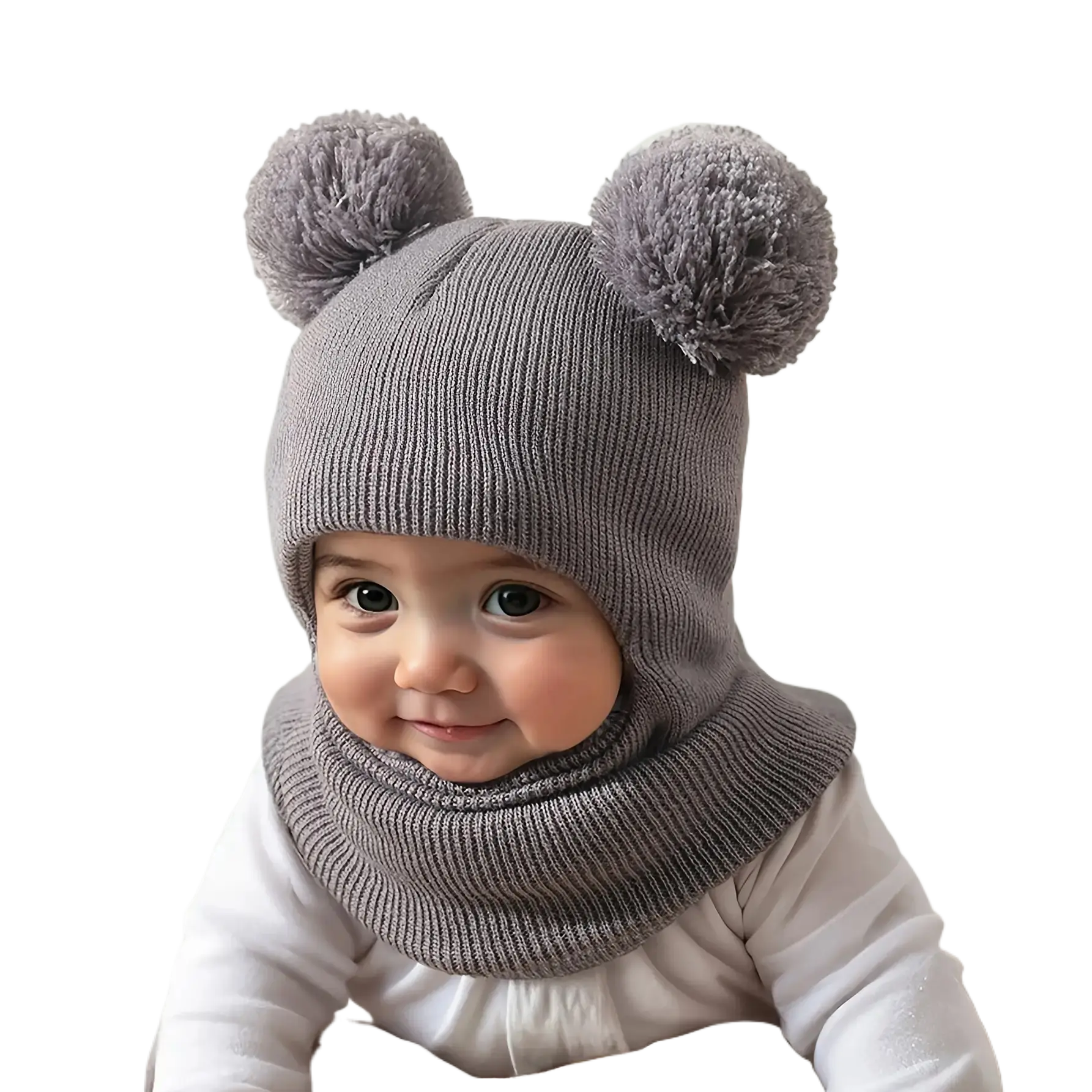Kids' Knitted Balaclava Beanie with Pom-pom, Neck Warmer & Snug Wrap - 0-3 Years Soft Elastic Fit, Striped White with Black Design, Autumn/Winter Holiday Gift for Boys