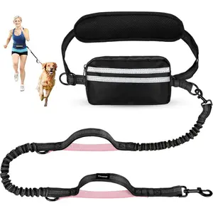 Hands Free Dog Leash with Zipper Pouch, Dual Padded Handles & Durable Bungee for Walking, Jogging, Running Your Dog. Adjustable Waist Belt, Shock Absorbing, Comfortable for Medium Large Dogs, Heavy Duty Reflective Safety Leash for Outdoor Hiking Training