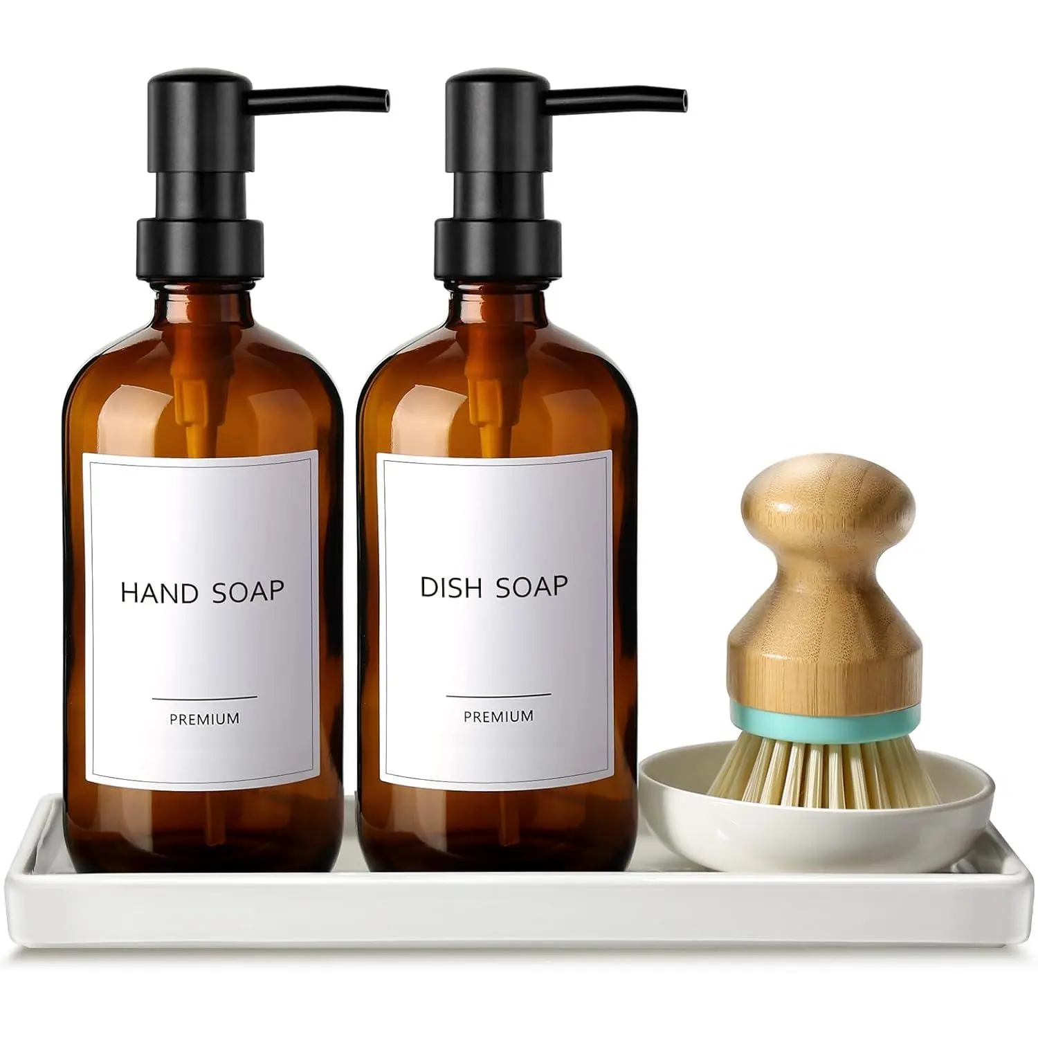 ISUN Dish Soap Dispenser, 17 Fl oz Kitchen Soap Dispenser Set with Ceramic Tray &  Brush, 2 count  Glass Soap Dispensers, Farmhouse Refillable Hand and Dish Liquid Soap Pump Bottle Set