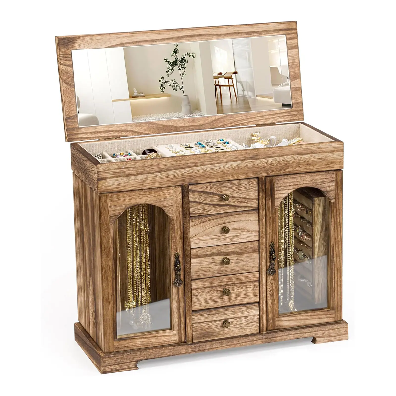 Emfogo Farmhouse Style 5-Layer Rectangle Linen-Wooden Jewelry Box Organizer with Mirror, Decorative Compartment Containers, Earring Holder Organizer for Necklaces, Rings, Bracelets, Women’s Home Storage Gift