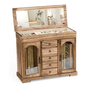 5-Layer Wooden Jewelry Box Organizer with Mirror, Rustic Jewelry Storage Case for Necklaces, Earrings, Rings, Bracelets, Gift for Women Girls
