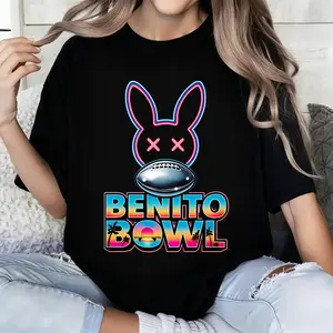 Graphic Tee 100% pure cotton Black T Shirt With Neon Bunny And Football Benito Bowl Print For Casual Wear