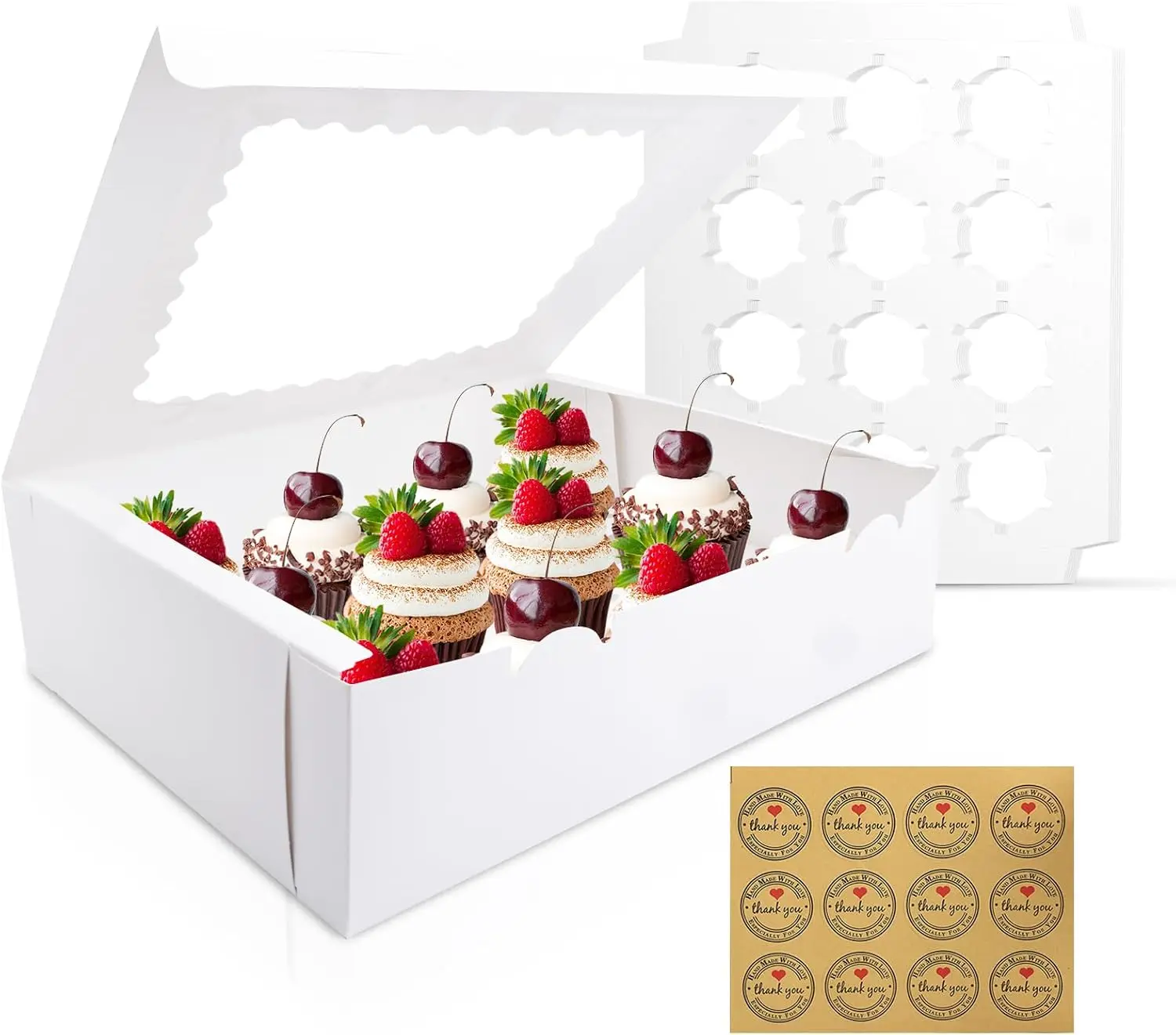 12 Packs Cupcake Boxes with 1pc Stickers Kit, 12 Count Cupcake Container with Window White Cupcake Holder Holding 144 Cupcakes for Birthday Holiday Party Bakery Supplies(12.8"x 9.84"x 3.54")