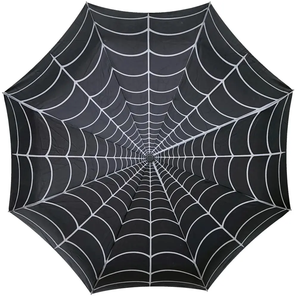 Kreepsville 666 Spiderweb Umbrella with Skull Handle - Gothic Travel Accessory - Compact Folding Auto Pop Up with Easy Carry Loop & Black Metal Plated Shaft