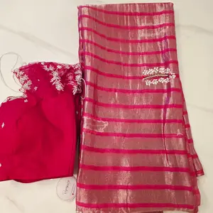 Reyavogue Women's Hotpink Viscious Orgamza Stripes Saree with Net designer blouse
